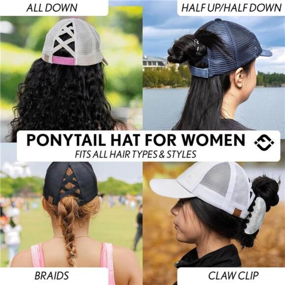 Womens Ponytail Baseball Cap Adjustable Hat High Bun Messy Bun Criss Cross Back - Picture 6 of 7